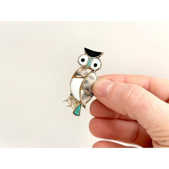 Multistone Vintage Southwest Native American Owl Figural Sterling Silver Brooch - Picture 2 of 9